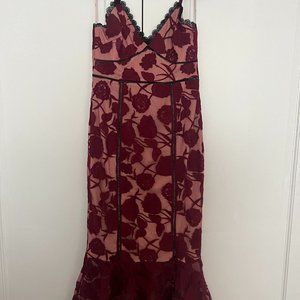 Lulu's Alluring Dream Burgundy Floral Mesh Lace Trumpet Midi Dress